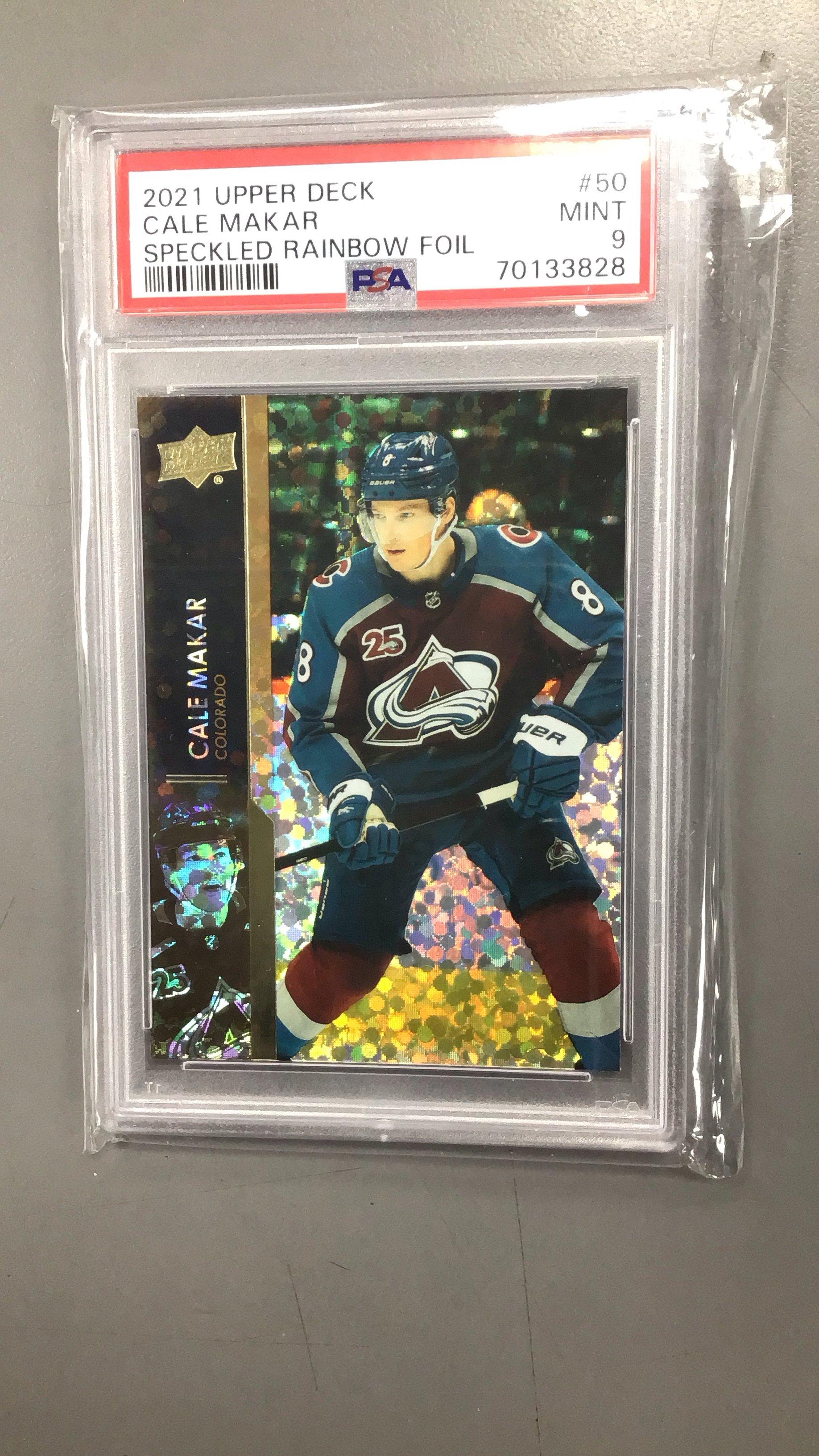 2021-2022 Upper Deck 50 Cale Makar Speckled Rainbow Foil PSA 9